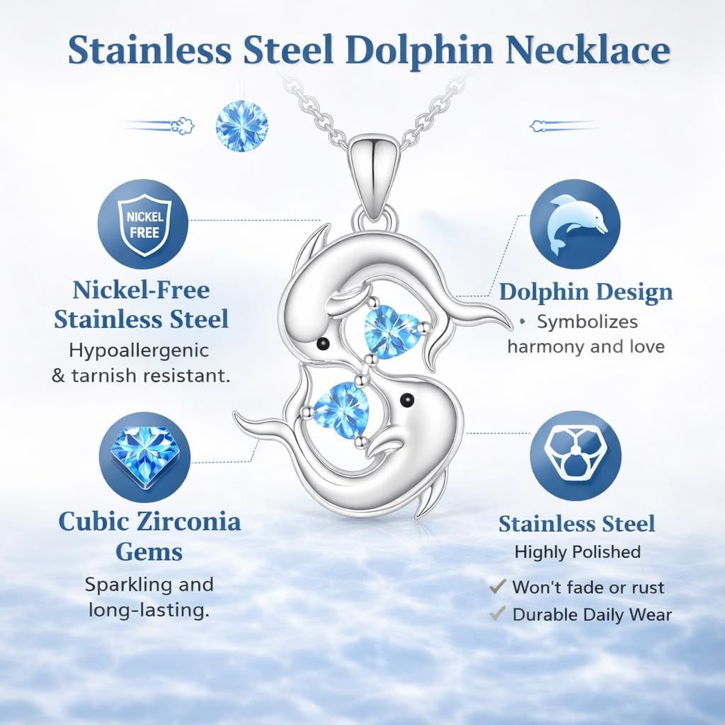 Stainless Steel Double Dolphin Pendant Necklace with Blue Crystal Hearts, Ocean Theme Jewelry