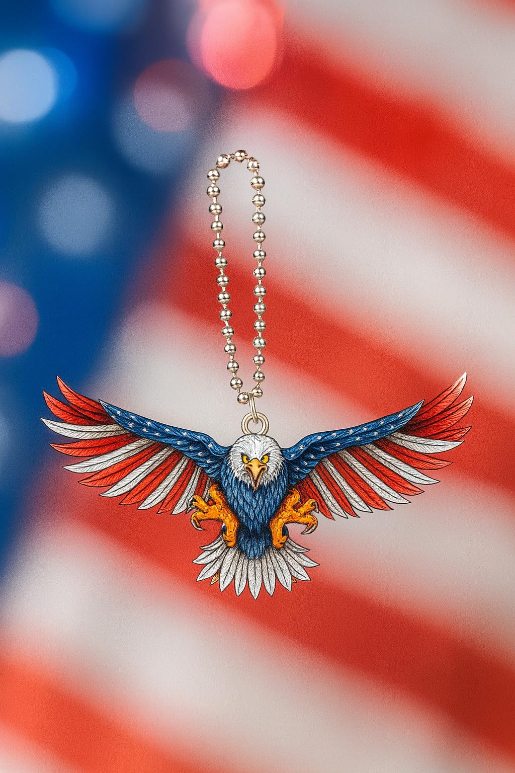 SUPAC Patriotic Eagle Keychain, American Flag Design, Silver Ball Chain - Eagle Keychain Gift