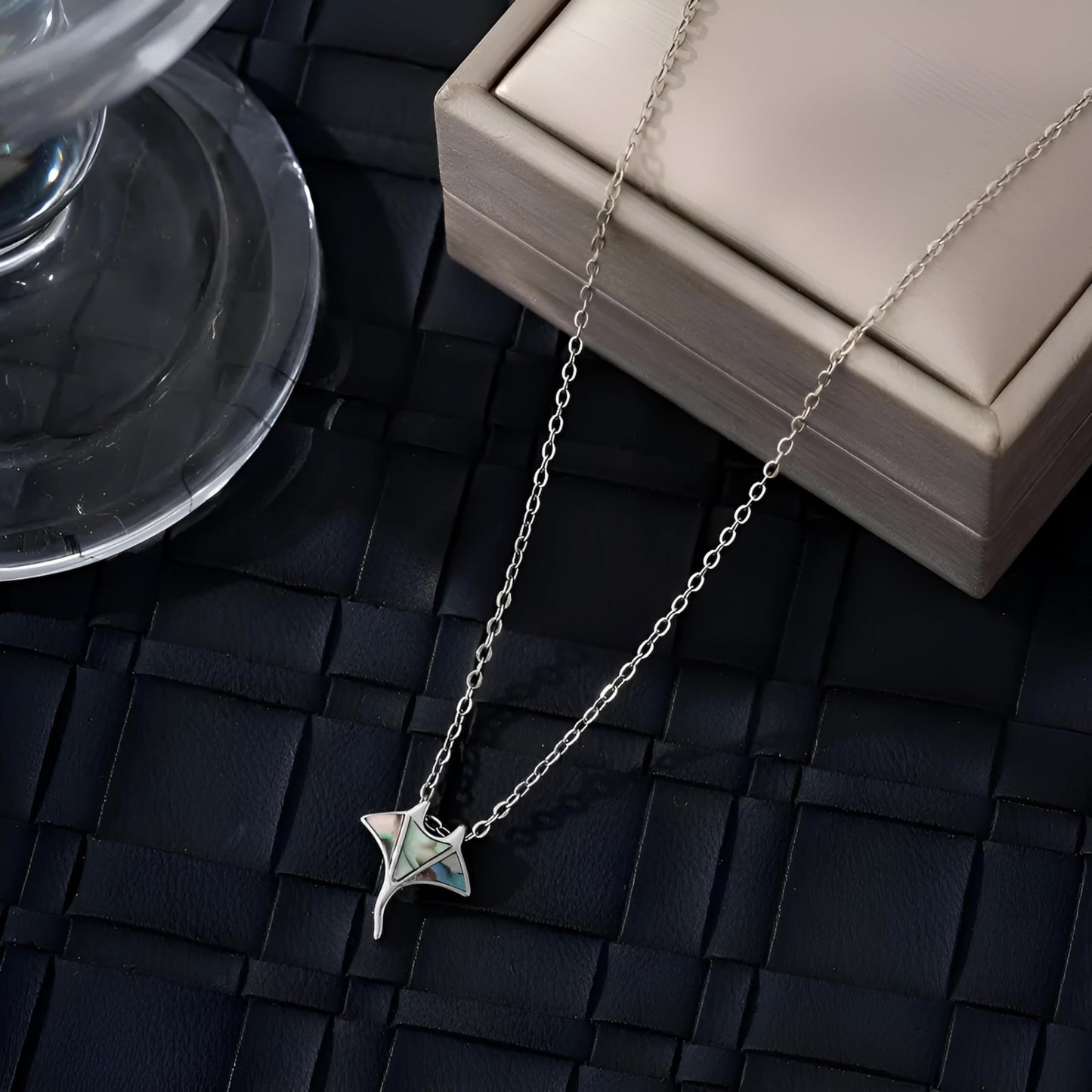SUPAC Stainless Steel Manta Ray Pendant Necklace with Abalone Shell Inlay, 15.75 Inches Chain