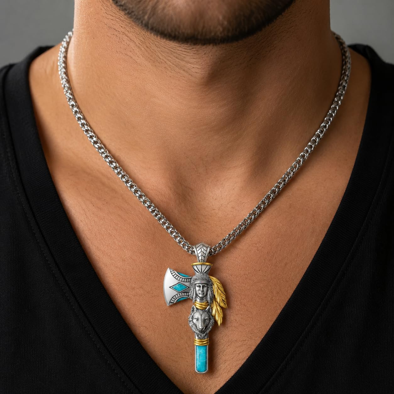 Indian Axe Pendant Necklace, Native American Wolf Design, Stainless Steel Chain