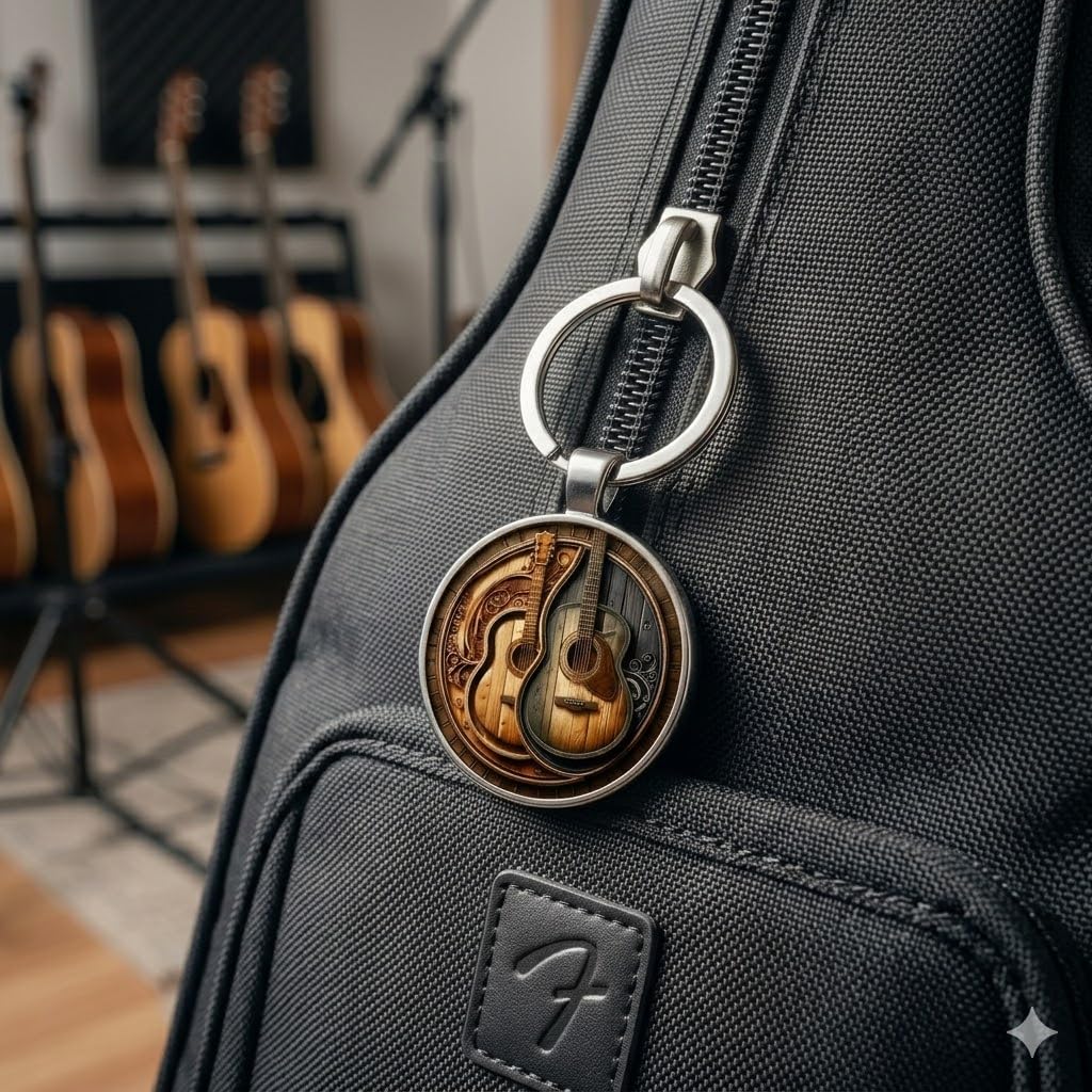 SUPAC Decorative Acoustic Guitar Keychain, 2D Flat Design, 1.18 inch Ring