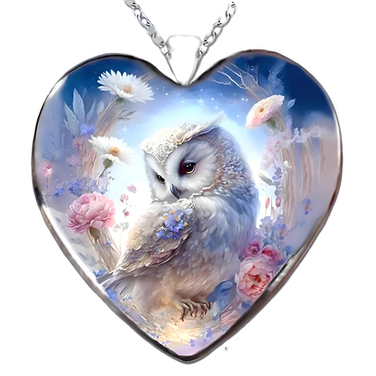 Cute Owl Heart Necklace, Glass Pendant with Floral Design and Stainless Steel Bracelet - Holiday, Christmas, or Birthday Gift