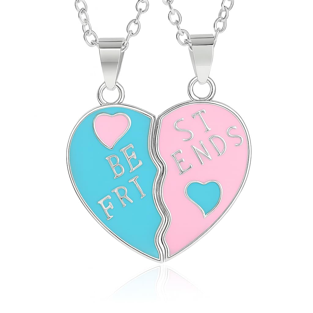 Best Friends Split Heart Pendant Necklaces, Pink and Blue Enamel, 2 Piece Set Gold or Silver Options - Gift for Best Friends