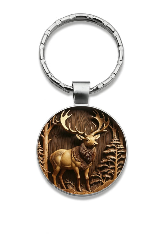 SUPAC Mountain Sunset Stained Glass Art Keychain, Nature Scene Design, Round Pendant (Vintage Elk)