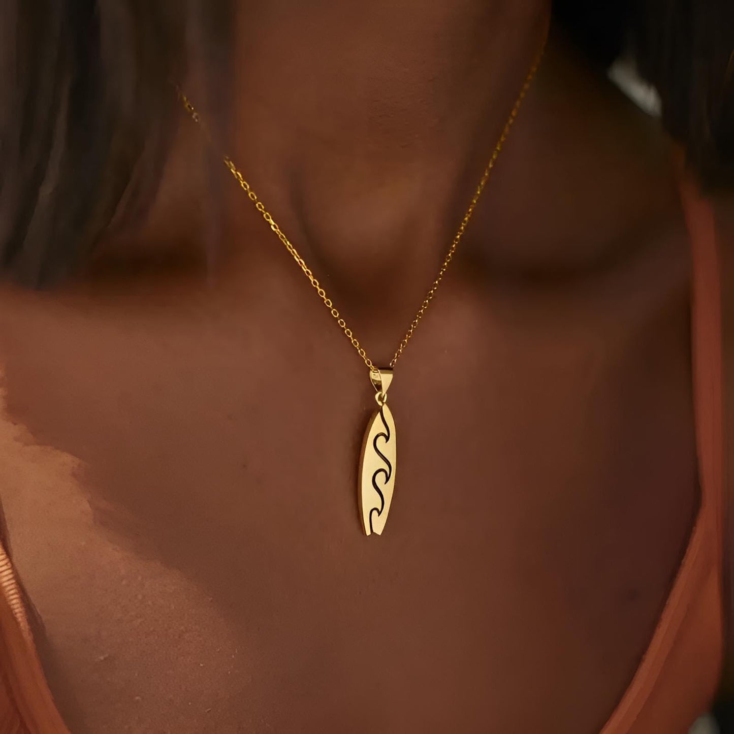 SUPAC Gold Surfboard Wave Pendant Necklace, 16.5 inch Chain with 2 inch Extension, Wave Design