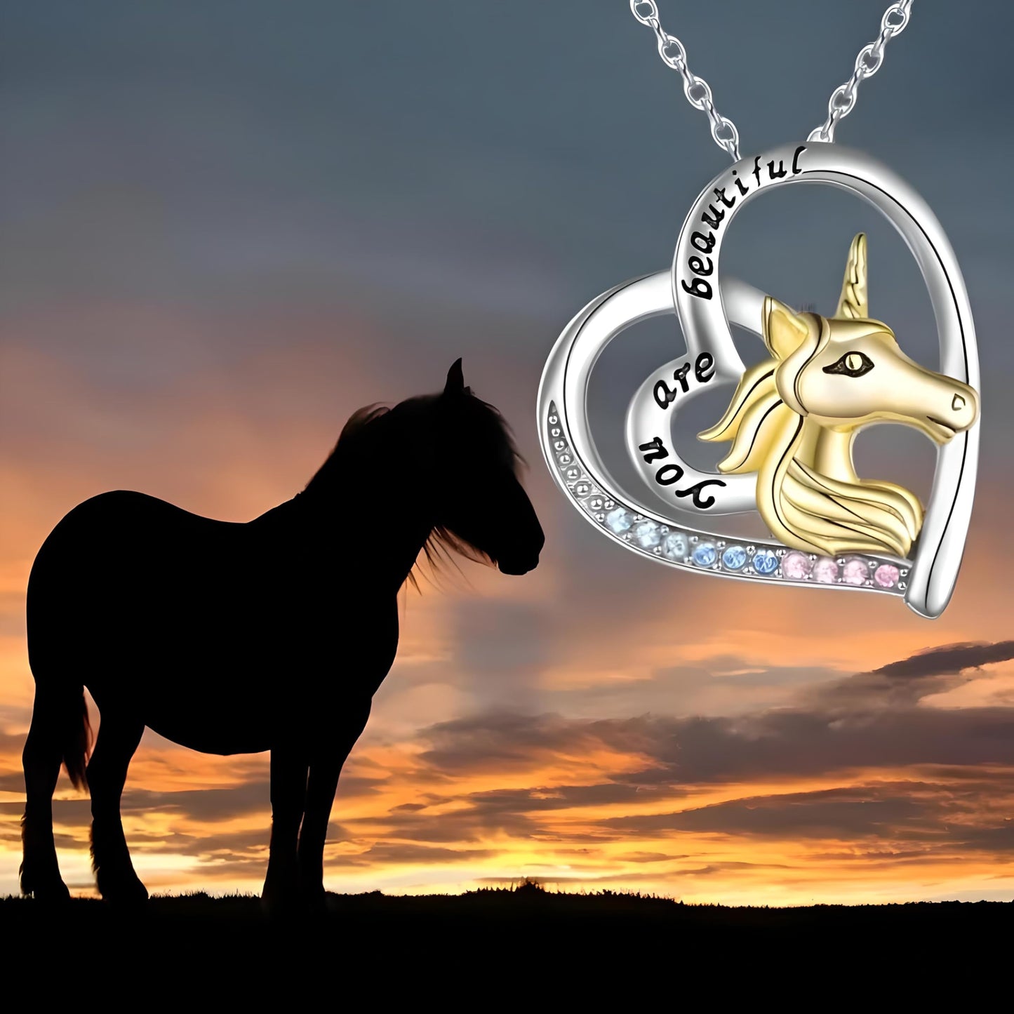 SUPAC Gold Unicorn Festive Heart-Shaped Necklace- 'you are beautiful' Charming Gift for Unicorn Lovers