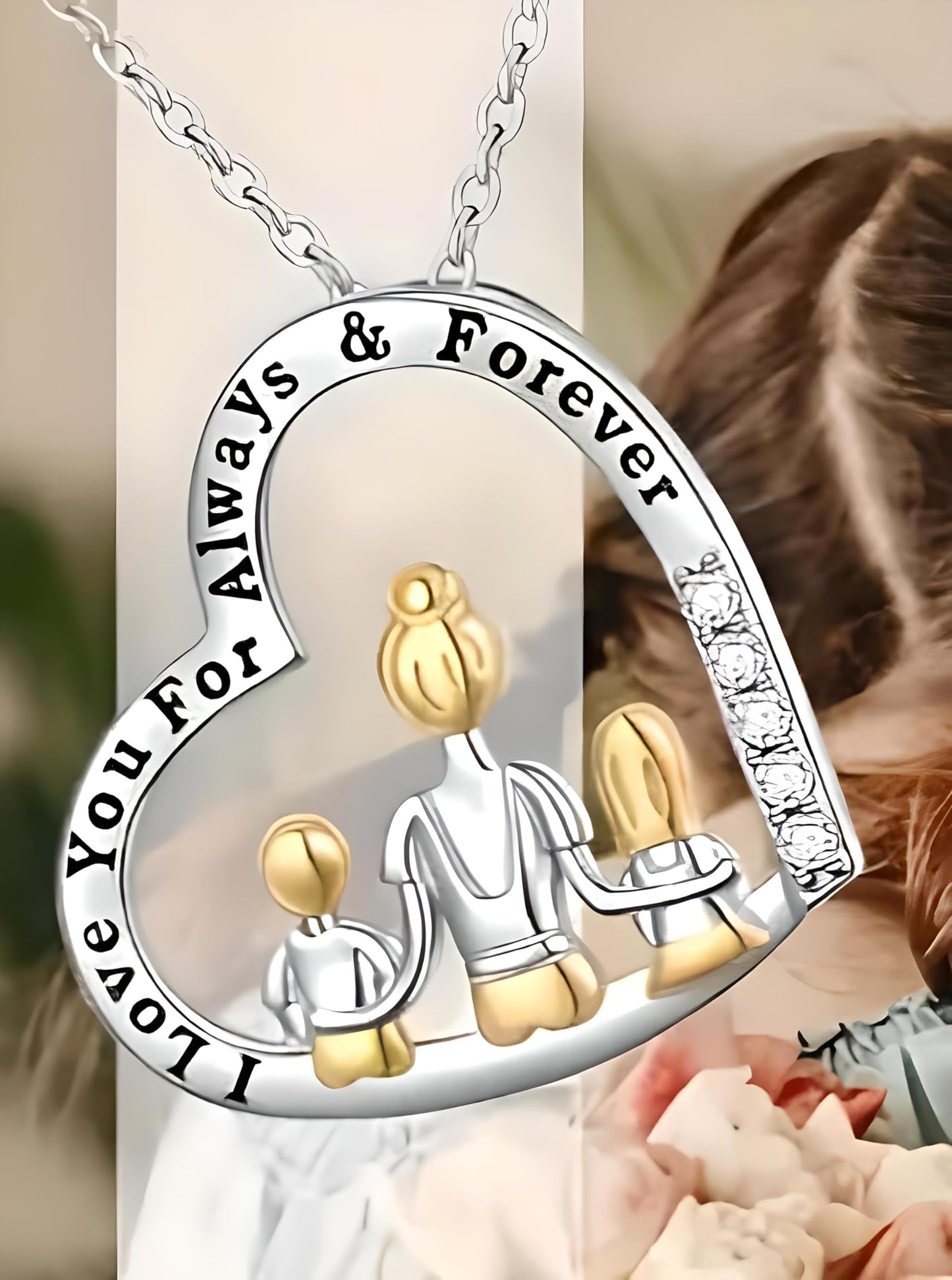 SUPAC Heart-Shaped Family Necklace with Crystal Accents, Mother and Daughter Pendant Gift, Silver and Gold-Tone, 'I Love You Always & Forever' Message