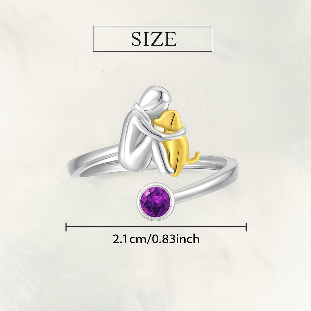 SUPAC Stainless Steel Dog and Human Adjustable Ring with Birthstone Crystal, Two-Tone Gold and Silver, 0.83 Inch (Purple)