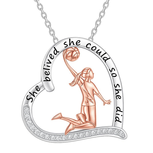Sports Heart Necklace, 9 Different Sport Options: Basketball, Jumping Cheerleader, Gymnast, Softball, Volleyball, Ballet Ballerina, Runner, Sports Accessories Birthday Gift- Simulated Rainbow Diamonds, Christmas, Birthday or Party Gift