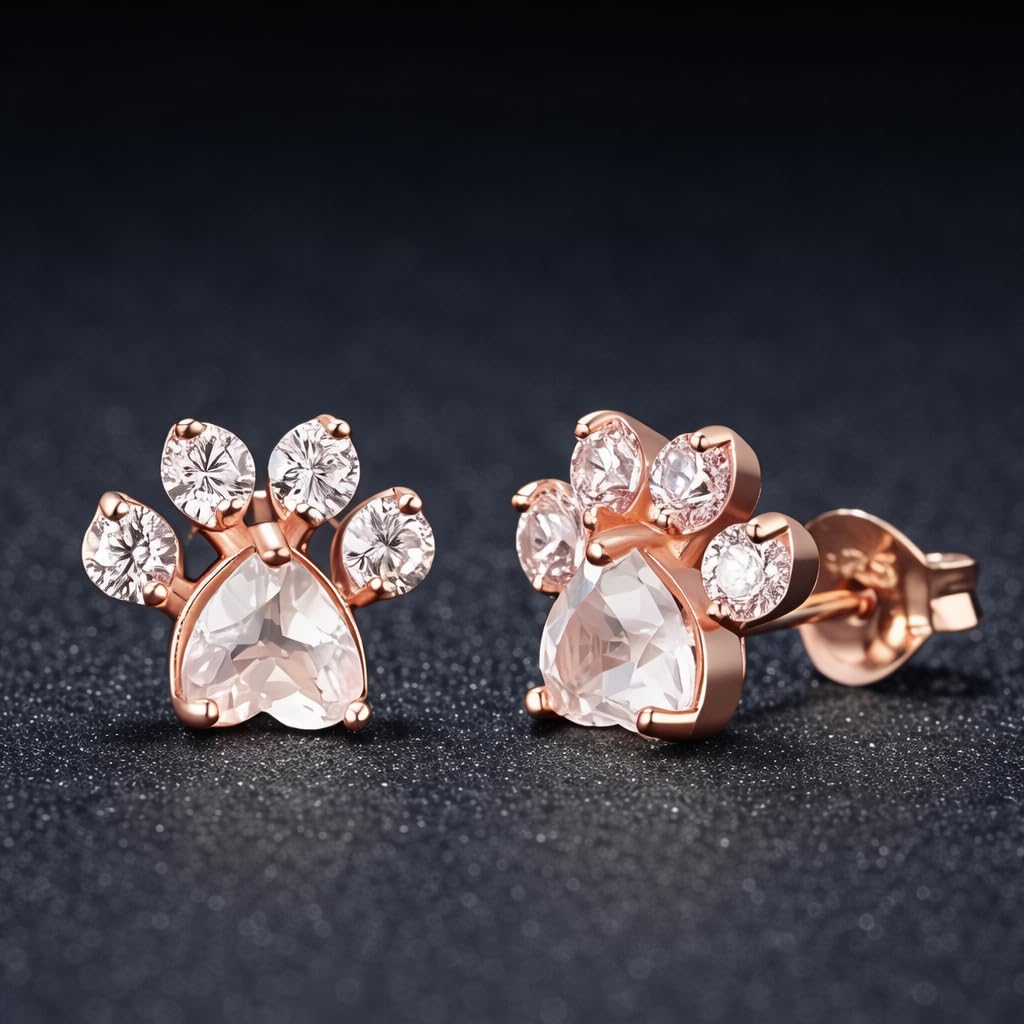 Rose Gold Cat Stud Earrings, Dog Paw Earrings, Pink Glass Crystal, Rhinestone Accents, 0.63 x 0.35 inches - Cat Earrings Gift