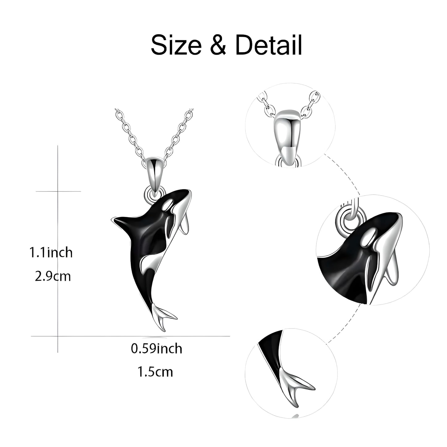 Stainless Steel Silver Killer Whale Orca Whale Pendant Necklace, Black and Silver, Shamu Gift