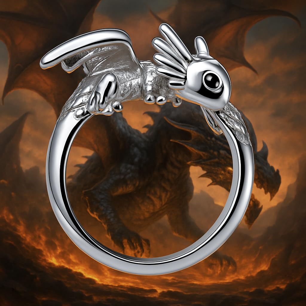 SUPAC Whimsical Silver Flying Dragon Ring - Unique Animal Shape Design, Adjustable Index Finger Ring for Men or Women, Cute Personality Statement Jewelry, Niche Fashion Accessory