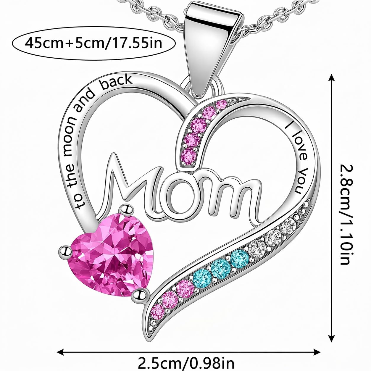 SUPAC Heart Mom Necklace, Sterling Silver Crystal Pendant with Pink Heart Stone, I Love You to the Moon and Back - Mother's Day Gift