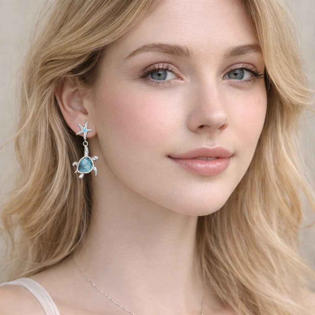 Pair of Cute Starfish and Turtle Stud Earrings - Stainless Steel Ear Needles, Man Made Rock Mosaic, Plated White K Finish, Alloy Construction
