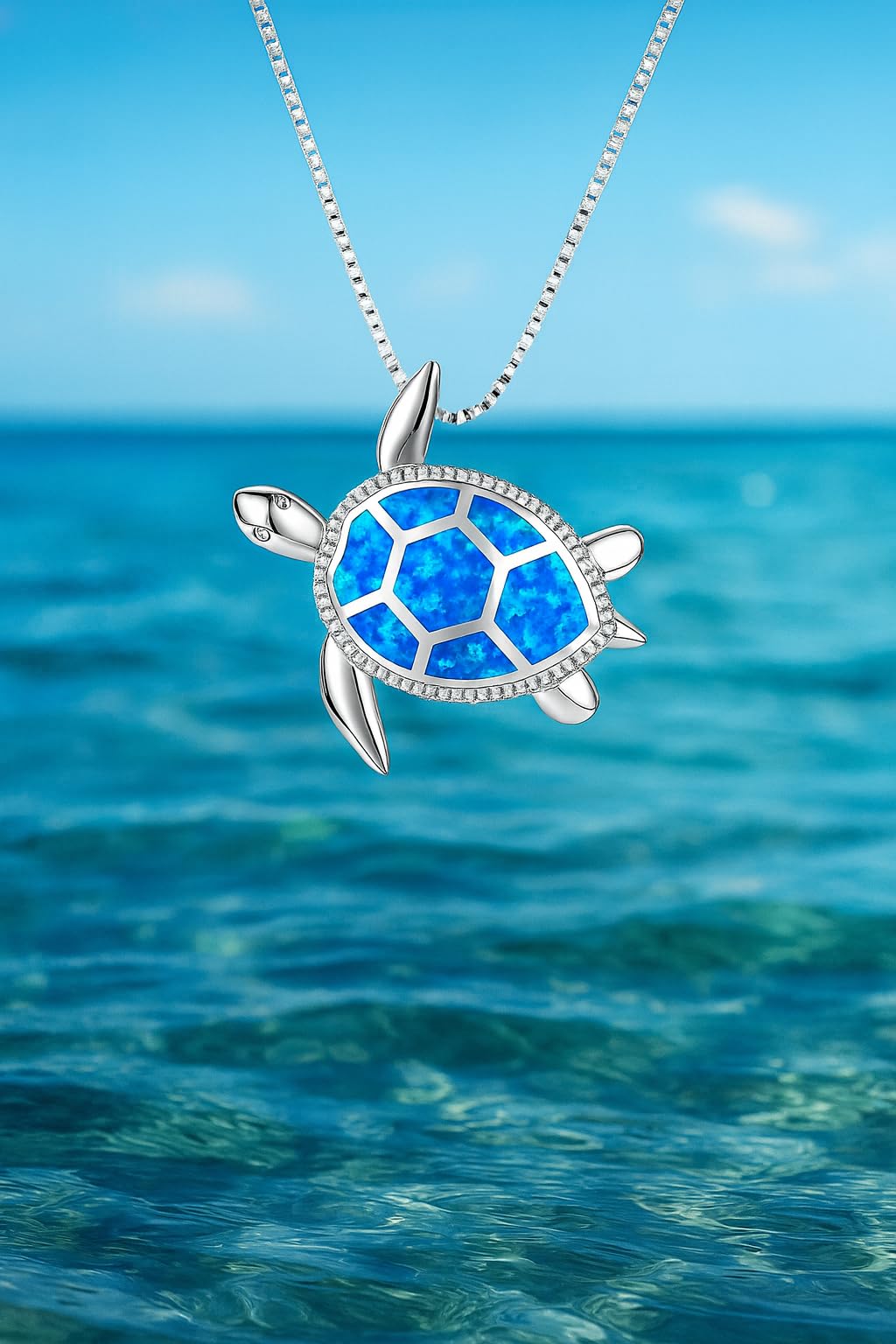 SUPAC Blue Opal Sea Turtle Pendant Necklace, Stainless Steel Chain 17.7", Crystal Inlay