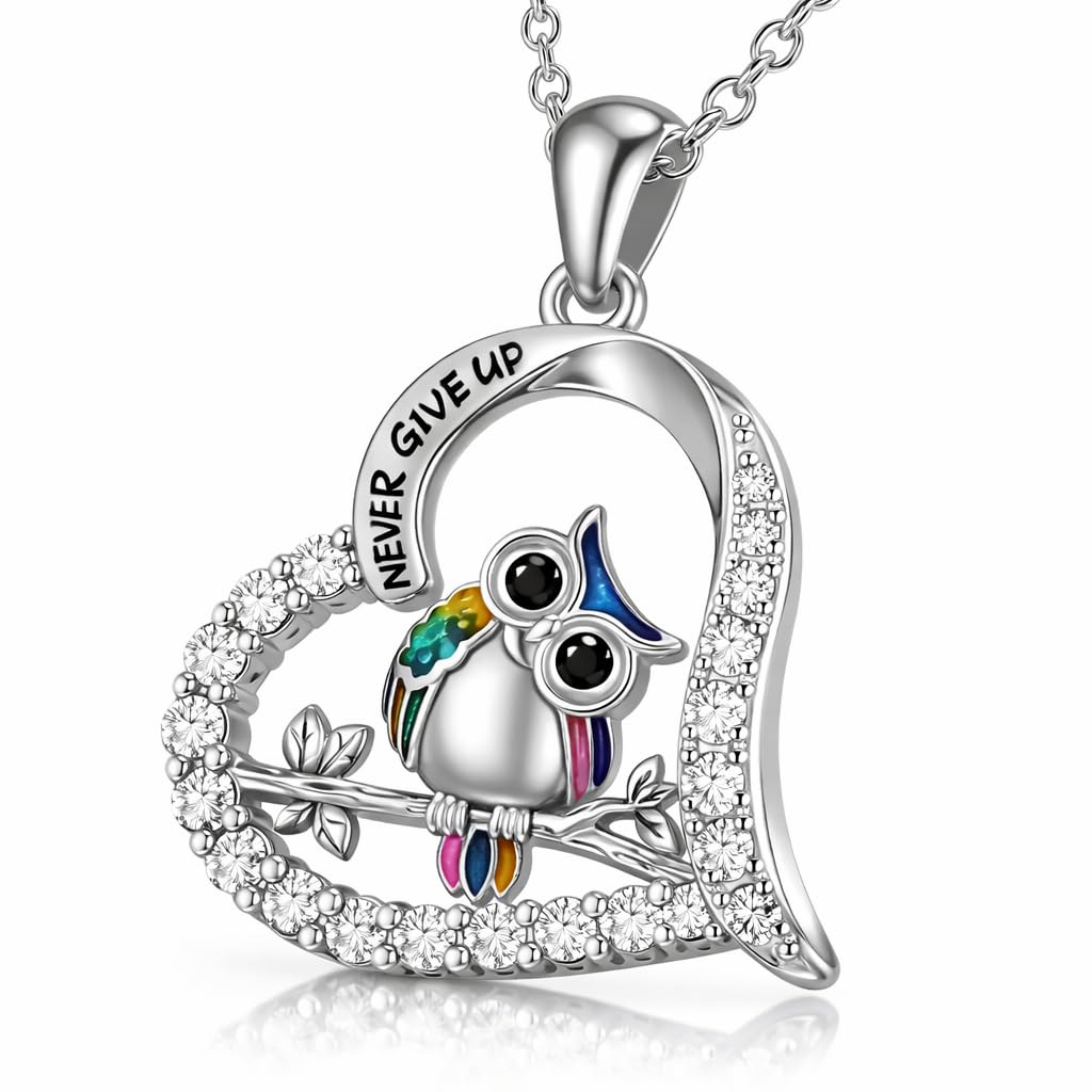 SUPAC Never Give Up Stainless Steel Owl Pendant Necklace, Crystal Rhinestone Crescent Design, 17.91 inch Chain Length, Inspirational Jewelry