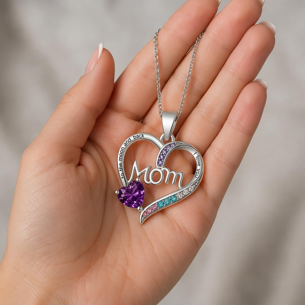SUPAC Heart Mom Necklace, Sterling Silver Crystal Pendant with Pink Heart Stone, I Love You to the Moon and Back - Mother's Day Gift