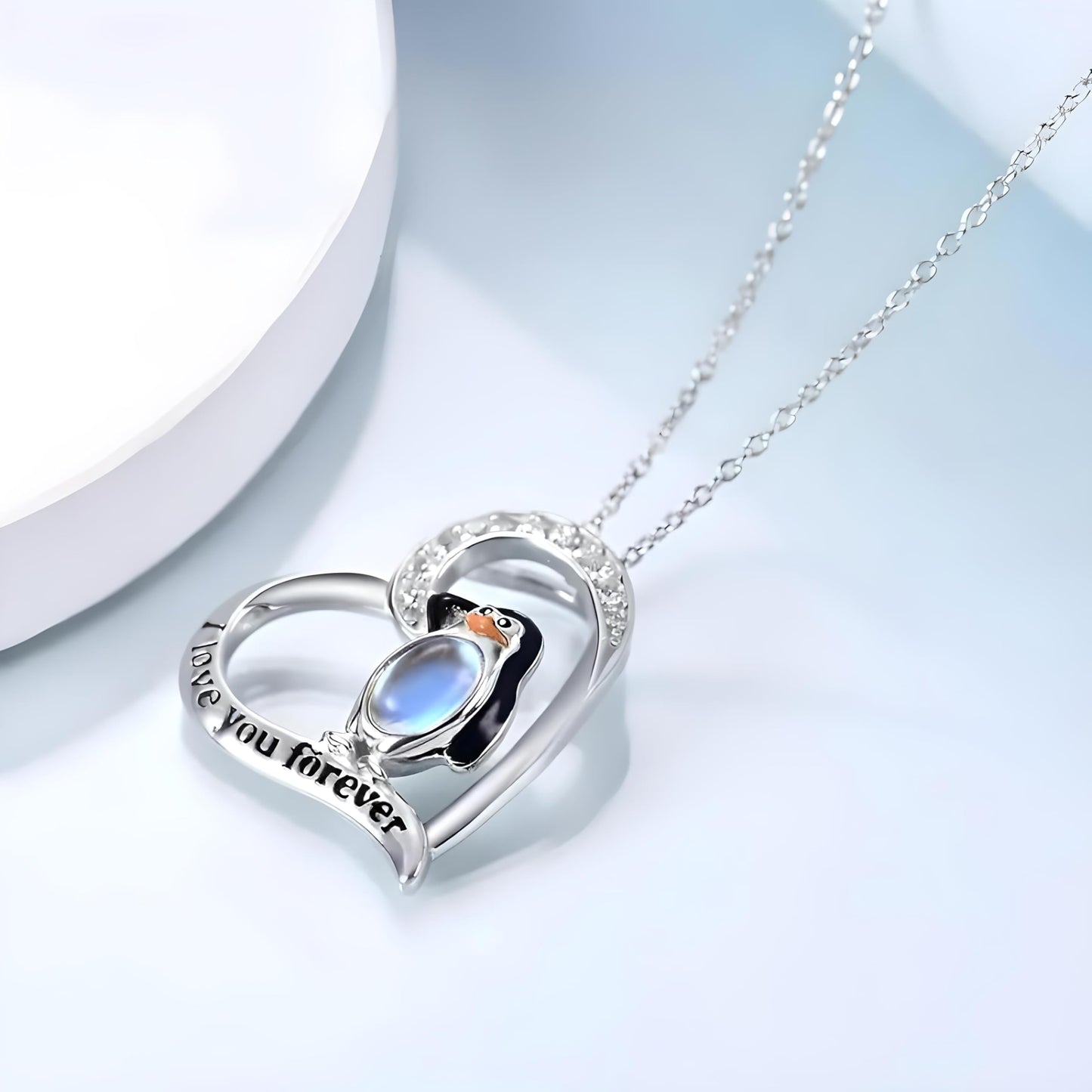 Sterling Silver Penguin Pendant Necklace with Opal Stone and CZ Accents, 'Love You Forever' Engraved - Happy Feet Penguin