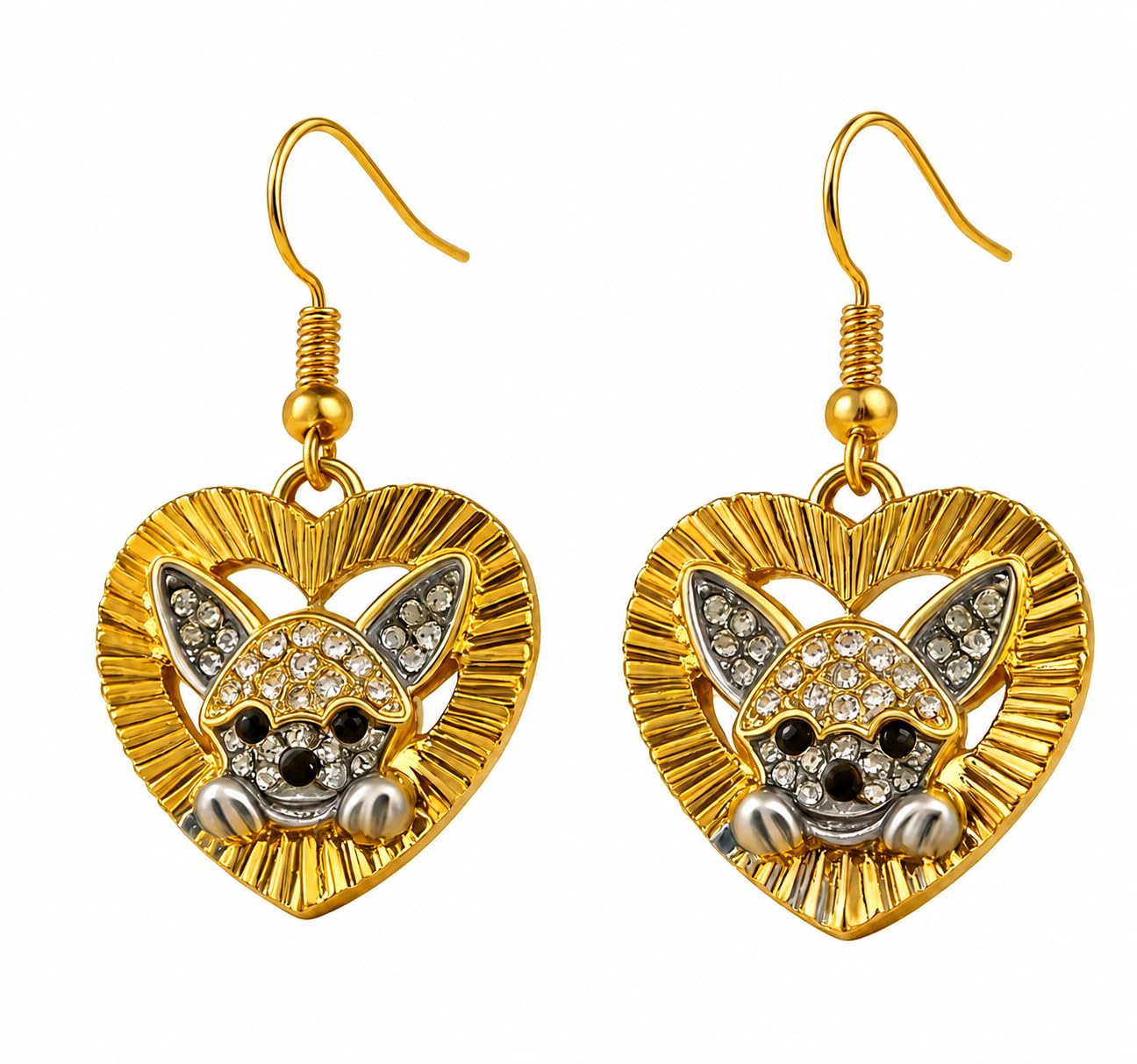 Chihuahua Heart Dangle Earrings, Gold Tone Stainless Steel, Crystal Rhinestone Dog Charm, 0.90 in - Stainless Steel Jewlery, Dog Lover's Gift