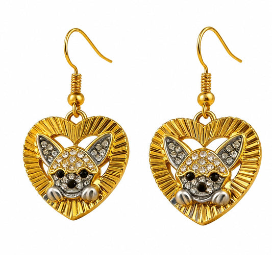 Chihuahua Heart Dangle Earrings, Gold Tone Stainless Steel, Crystal Rhinestone Dog Charm, 0.90 in - Stainless Steel Jewlery, Dog Lover's Gift