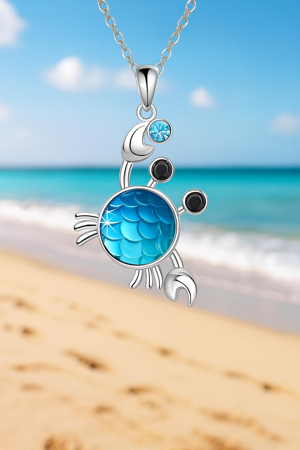 SUPAC Stainless Steel Crab Pendant Necklace, Blue Crystal Design, Black Accent Stones - Crab Jewelry Gift