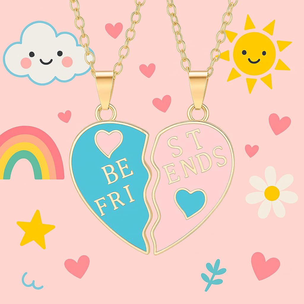 Best Friends Split Heart Pendant Necklaces, Pink and Blue Enamel, 2 Piece Set Gold or Silver Options - Gift for Best Friends