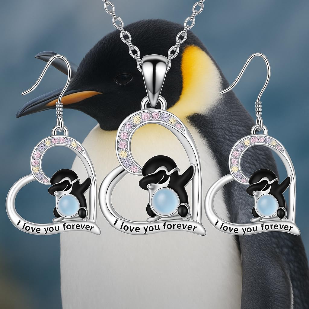 SUPAC Dabbing Penguins Heart Jewelry Set, I Love You Forever Necklace and Earrings, Crystal Rhinestone Silver Pendant, 17.55 inch Chain