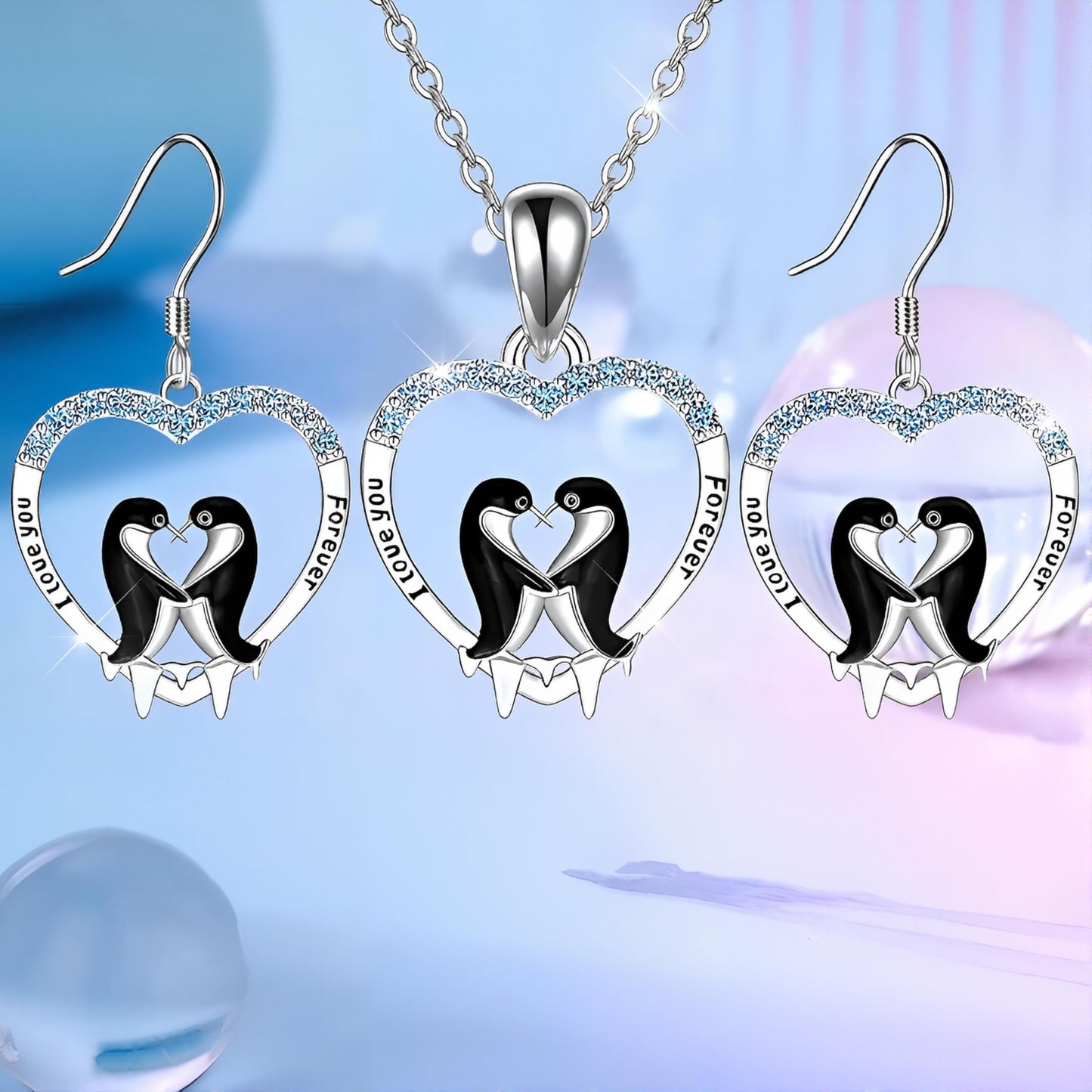 SUPAC Sterling Silver Penguin Pendant Necklace with Opal Stone and CZ Accents, 'Love You Forever' Engraved - Happy Feet Penguin