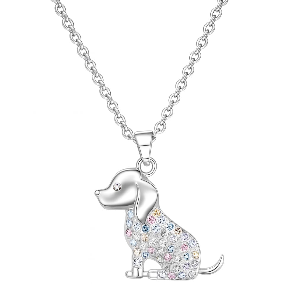 Sparkling Dog Pendant Necklace, Silver Chain, Multicolor Rhinestone Design - Birthday or Party Gift