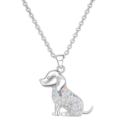 Sparkling Dog Pendant Necklace, Silver Chain, Multicolor Rhinestone Design - Birthday or Party Gift