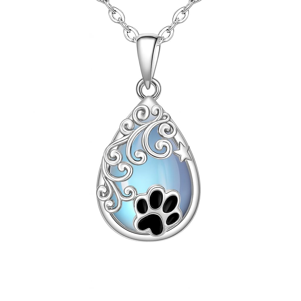 SUPAC Pet Memorial Necklace, Silver Teardrop Pendant with Paw Print and Moon Stone, Cat or Dog Lovers' Gift