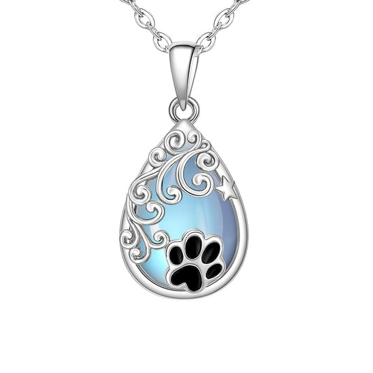 SUPAC Pet Memorial Necklace, Silver Teardrop Pendant with Paw Print and Moon Stone, Cat or Dog Lovers' Gift