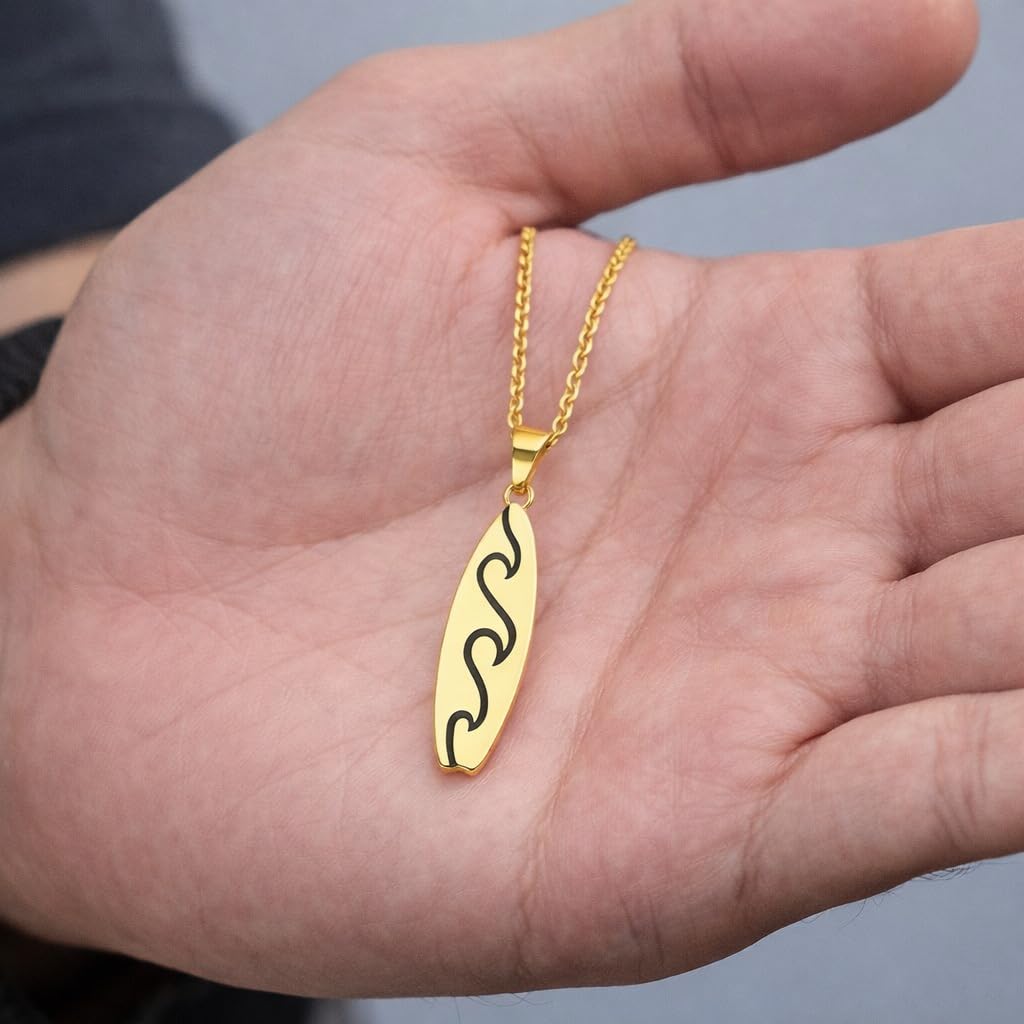 SUPAC Gold Surfboard Wave Pendant Necklace, 16.5 inch Chain with 2 inch Extension, Wave Design