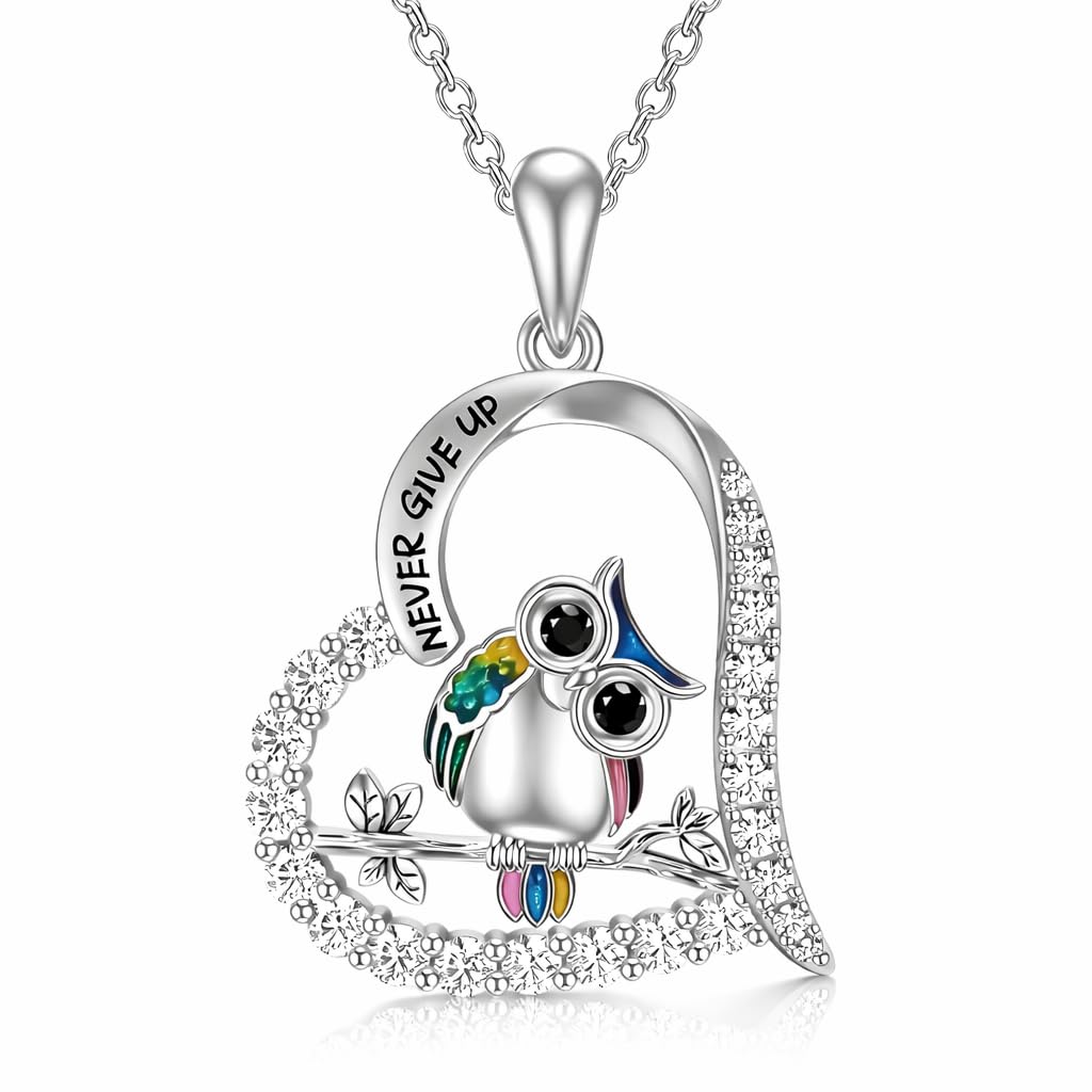 SUPAC Never Give Up Stainless Steel Owl Pendant Necklace, Crystal Rhinestone Crescent Design, 17.91 inch Chain Length, Inspirational Jewelry