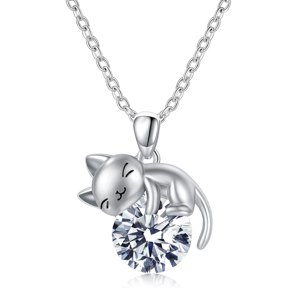 Crystal Cat Pendant Necklace, Silver Chain with Sleeping Cat Design, 17.7 inch Length