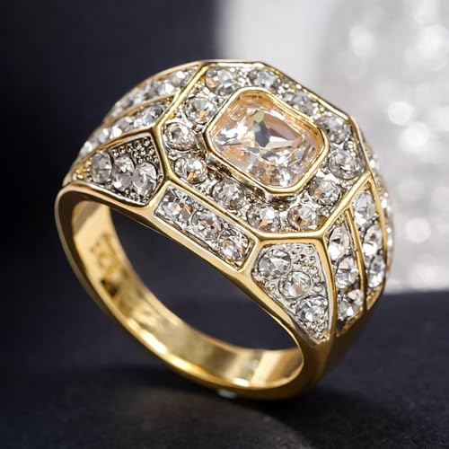 SUPAC Men's Party Ring with Rhinestone Gems: Sparkling Simulated Diamond Ring, Alloy-crafted, Gold-Plated for Exquisite Shine - the Ideal Hip-Hop Style Accessory for Social Events & Daily Wear