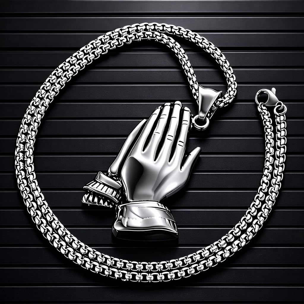 Exquisite Silver Prayer Hands Necklace - A Symbol of Faith, Elegance, and Spiritual Connection - 1pc Prayer Hands Stainless Steel Chain Pendant