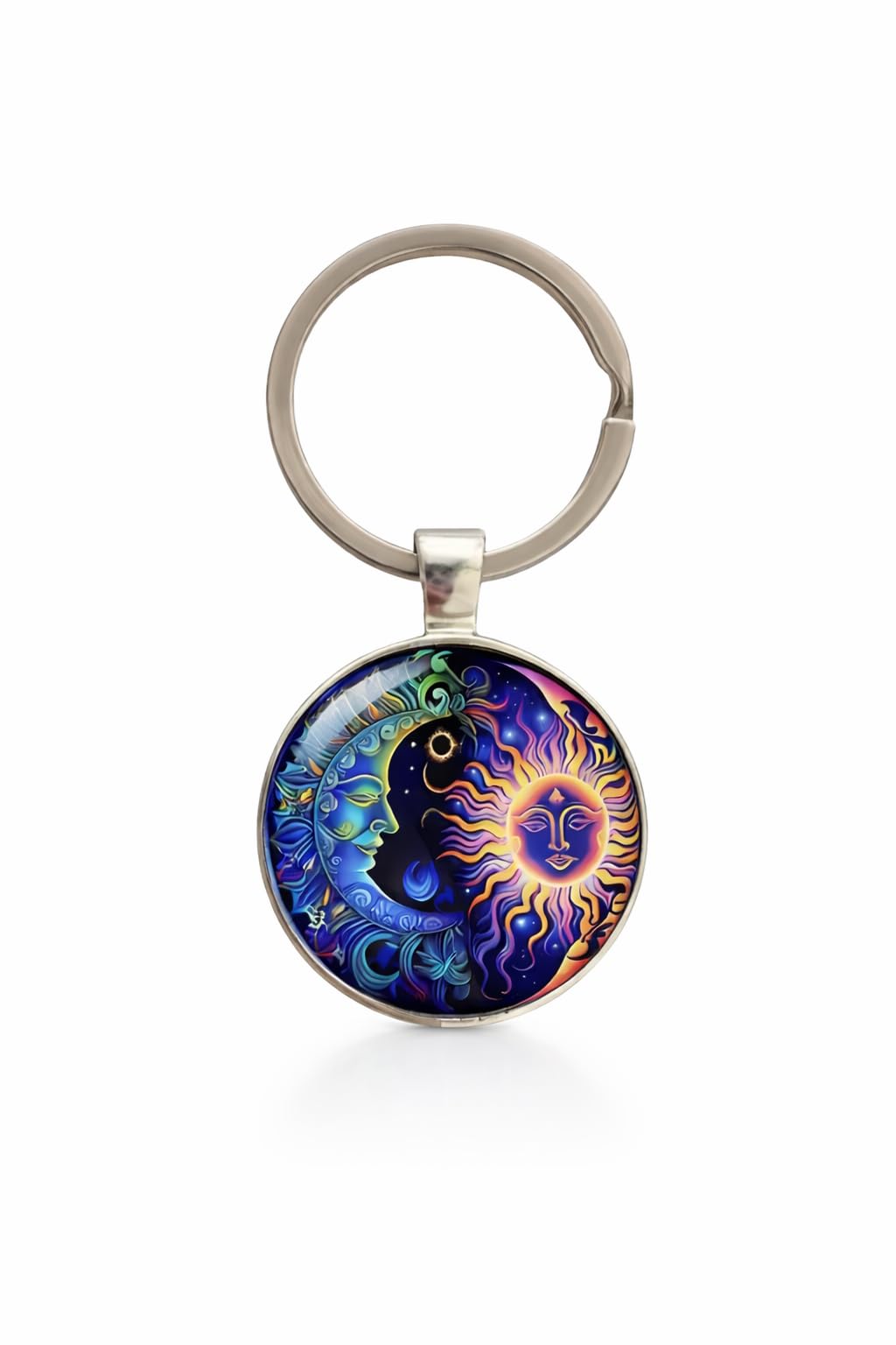 Celestial Sun and Moon Pendant Keychain, 17.7 inch Chain, Colorful Mystical Design (Celestial Sun and Moon Keychain)