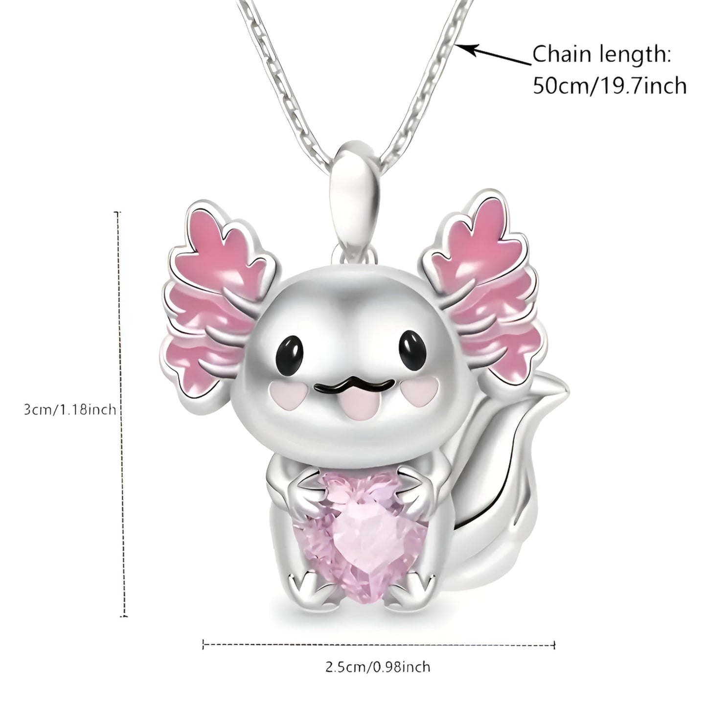 SUPAC Cute Axolotl Pendant Necklace, 19.7 inch Chain, Crystal Heart Design, 3 Colors - Axolotl Gift