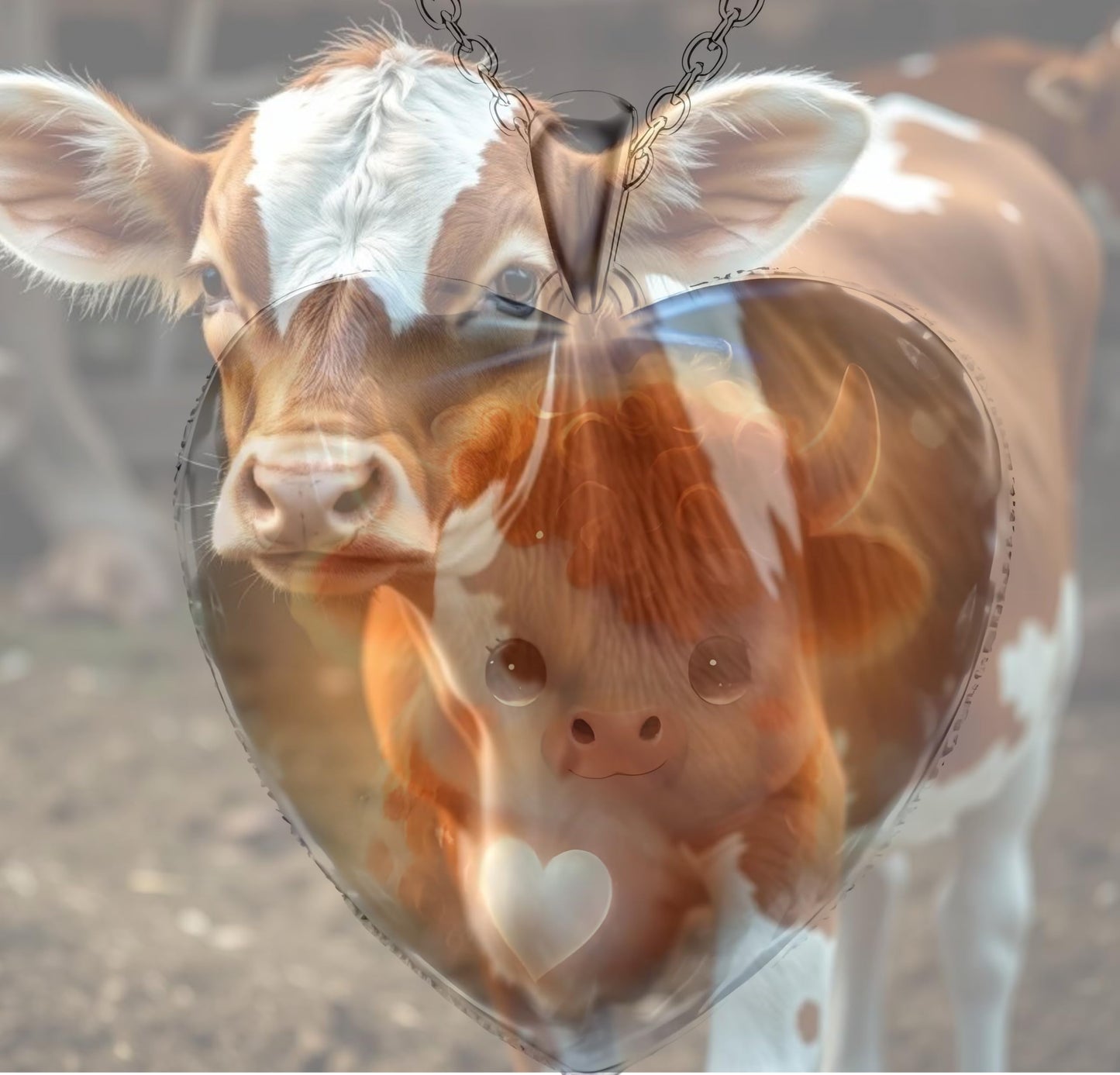 Heart-Shaped Pendant Necklace with Different Animals - Panda, Horse, Deer, Cat, Elephant, Dog Scenic Views, Stainless Steel Necklace with Glass Pendant - Christmas, Holiday, or Birthday Gift (Calf)