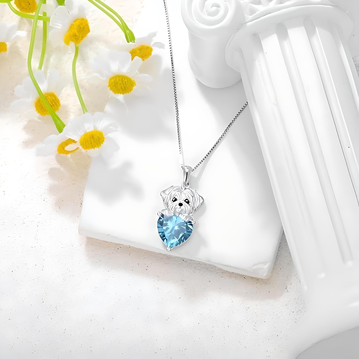 Sterling Silver Dog Necklace with Blue Heart Crystal, Shih Tzu Jewelry - Gift for Women