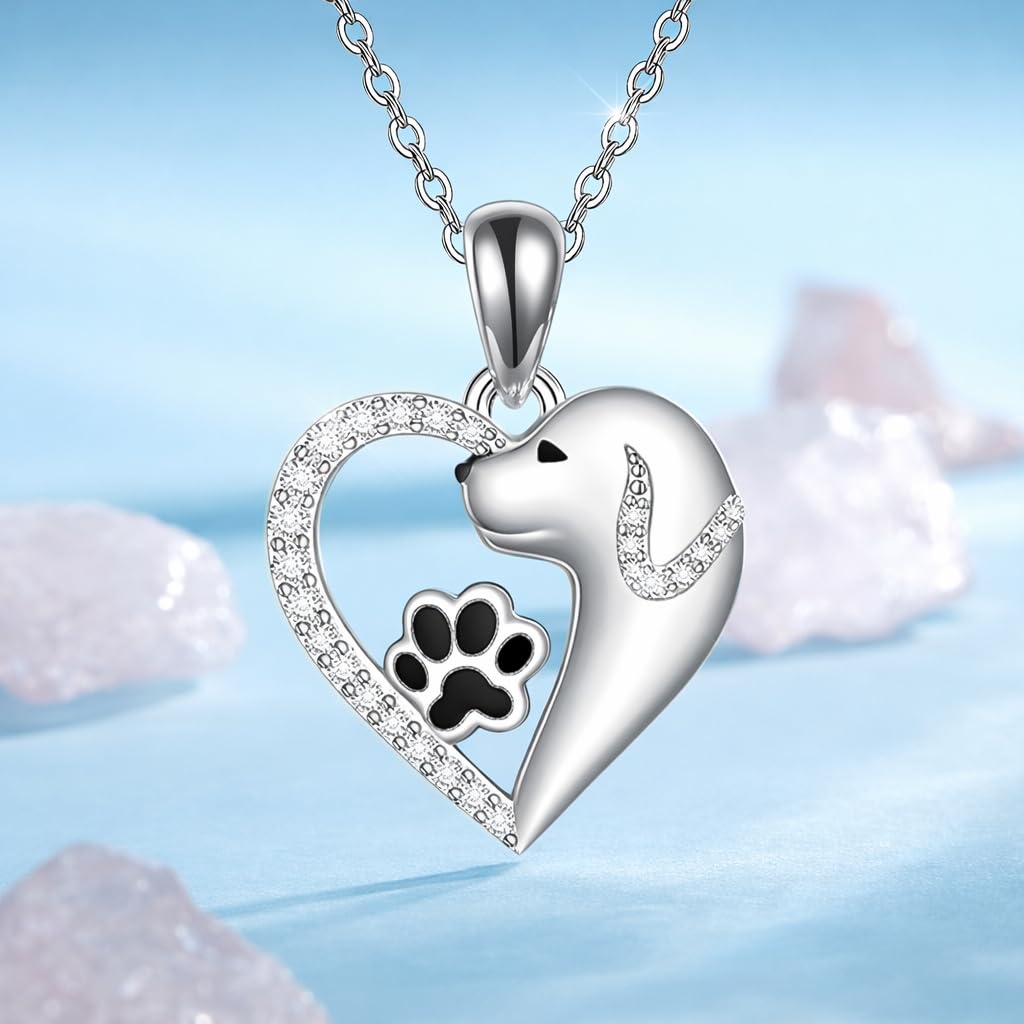 SUPAC Dog Breeds Necklace, German Shepherd, Labrador Retriever, Heart Pendant Necklace, Black and Gold, Crystal Paw Print Design, Dog Lovers Gift