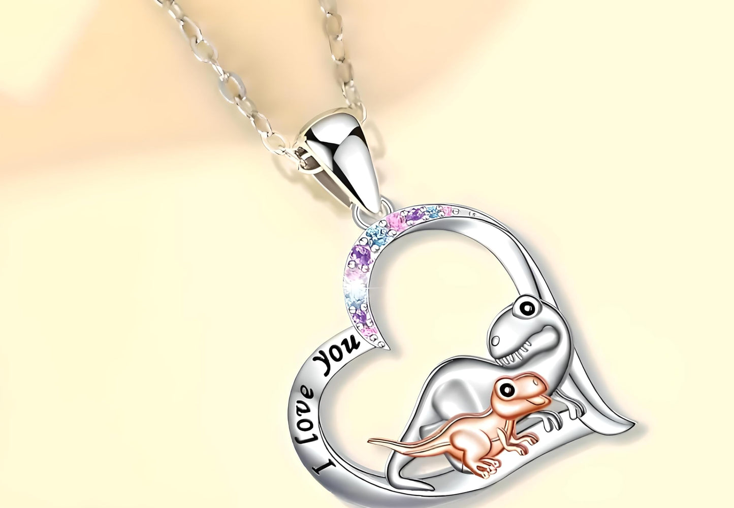 SUPAC Cute Cartoon Dinosaur Heart Pendant Necklace with Rhinestone Accents I Love You, Fashion Jewelry for Daily and Party Wear, Birthday and Christmas Gift