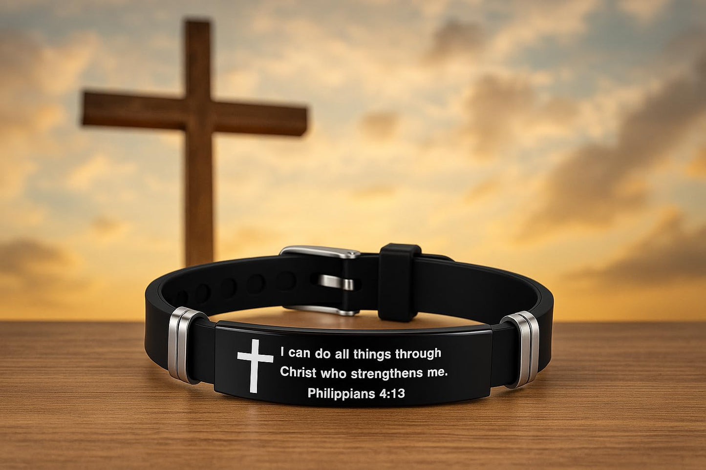 Christian Cross Bracelet with Proverbs 3:5, Phillipians 4:13, Matthew 19:26, Isaiah 41:10, Luke 1:37, Matthew 28:20 Scripture, Black Silicone Adjustable Watch Band, 9.05 inch Length