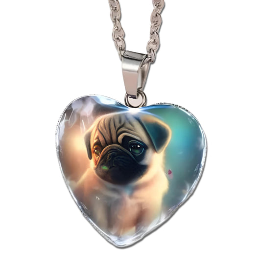 SUPAC Cute Pug Heart-Shaped Glass Pendant Necklace- Holiday, Christmas, or Birthday Gift