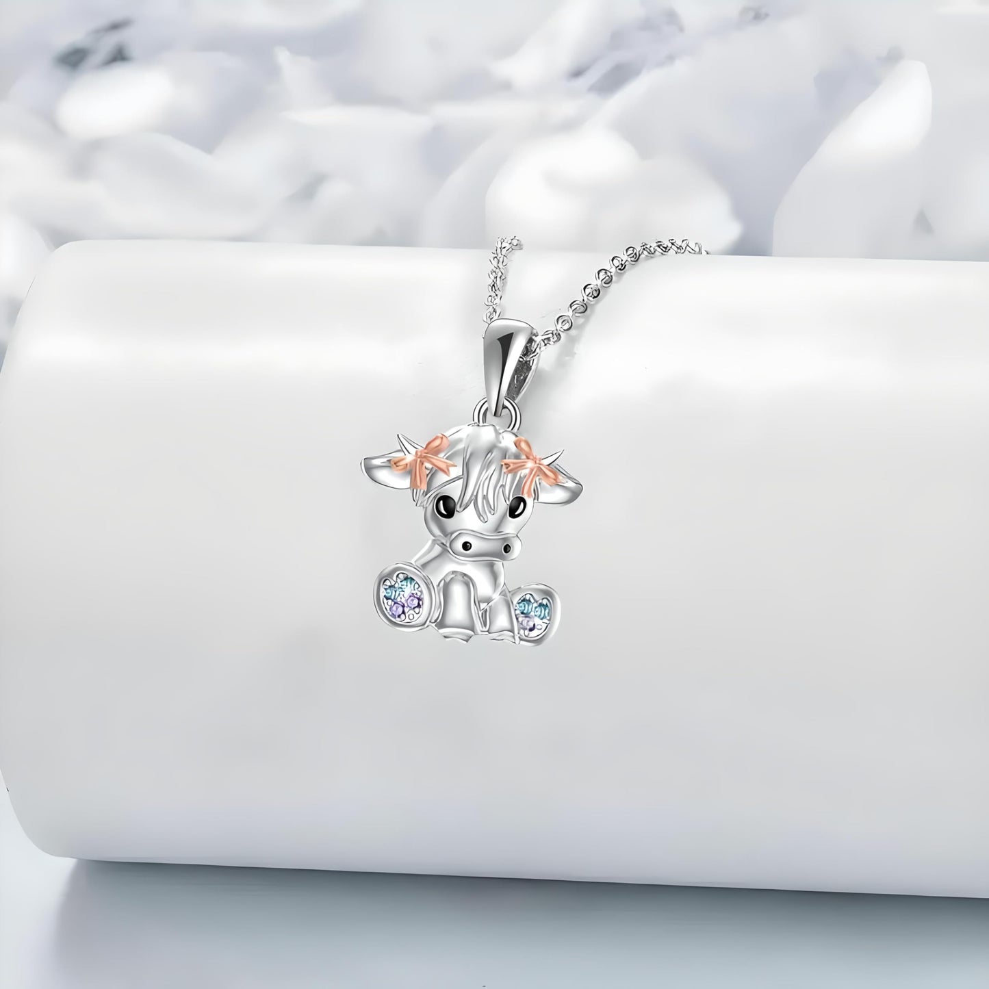 Stainless Steel Cow Pendant Necklace, Crystal Accents, Rose Gold Bows, 17.6 inch Chain