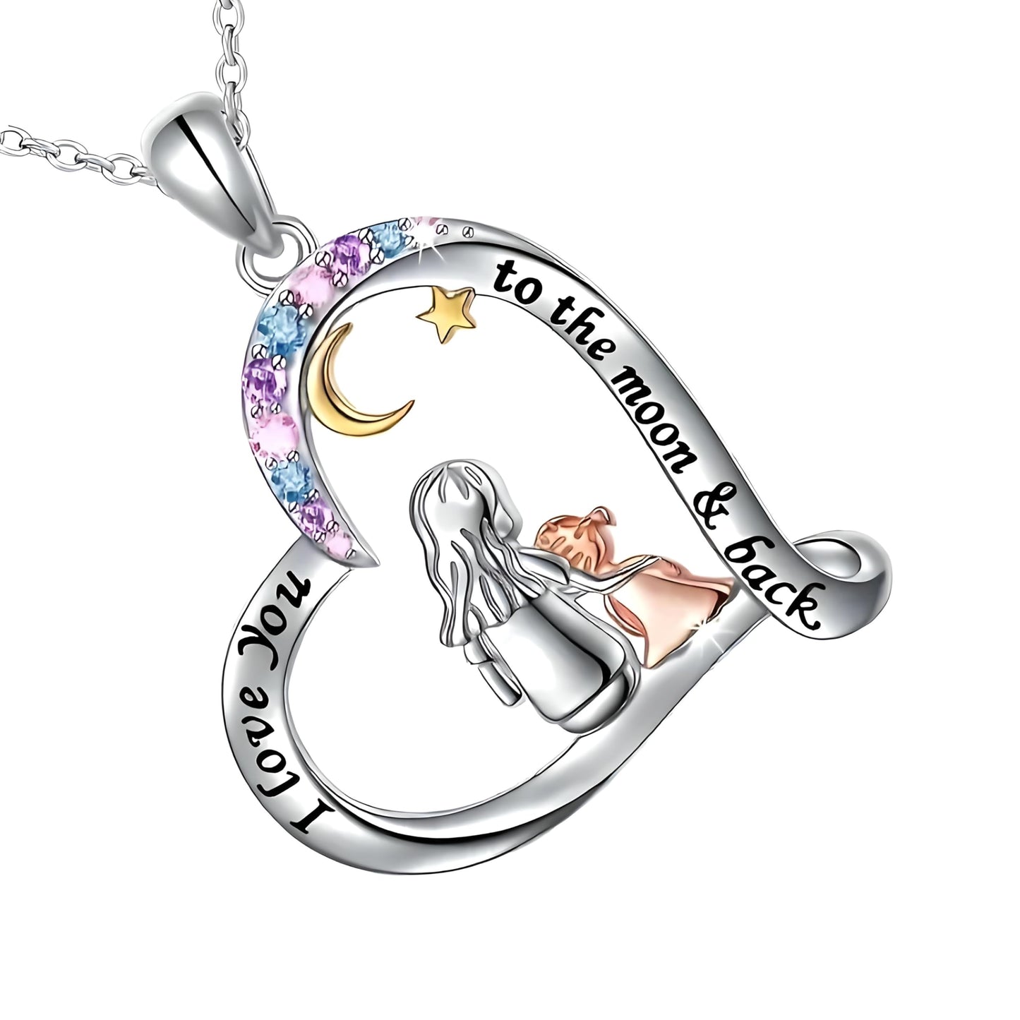 Heart-Shaped Mother's Day Necklace, Family + Mother Necklace Options with Crystal Accents, Mother and Daughter Pendant Gift, Silver and Gold-Tone, 'I Love You Always & Forever' Message (Colorful)