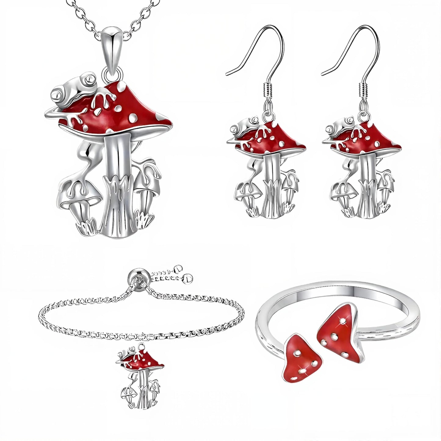 Red Mushroom Jewelry Set, Stainless Steel Necklace, Bracelet, Ring and Earrings, 9.84 inch Chain