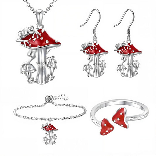 Red Mushroom Jewelry Set, Stainless Steel Necklace, Bracelet, Ring and Earrings, 9.84 inch Chain