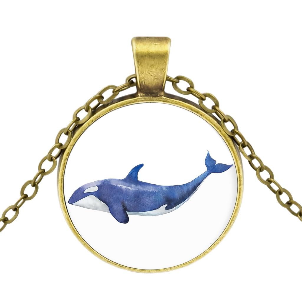 SUPAC Orca Whale Pendant Necklace, Bronze Plated Stainless Steel, Round Glass Cabochon, Hypoallergenic, Shamu Gift - Water Resistant, 19.7 Inch Chain